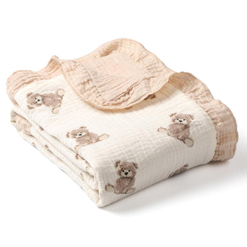 Organic Baby Blanket Flounce Edge Large 50"x43" Teddy Bear, 100% Muslin Cotton Soft Breathable Toddler Quilt Crib