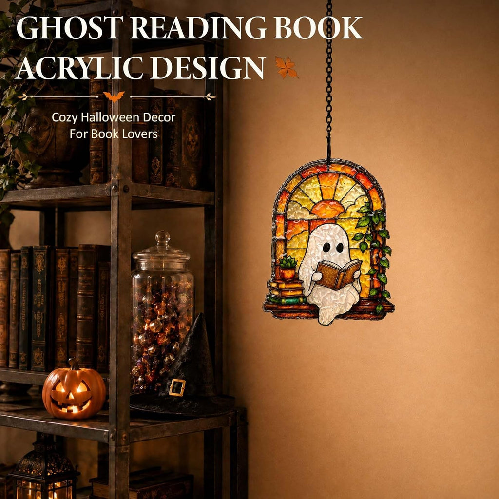 Ghost Reading Book Suncatcher Hanging Decor, Water-Ripple Acrylic Stained Glass Inspired Ornament, Decor for Reading