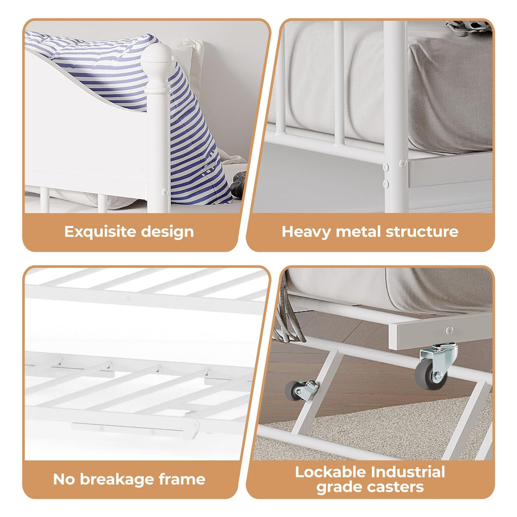 Daybed with Trundle, Metal Twin Size Day Bed with Stylish Headboard, Sofa BedFrame with Pop Up Foldable Trundle Bed