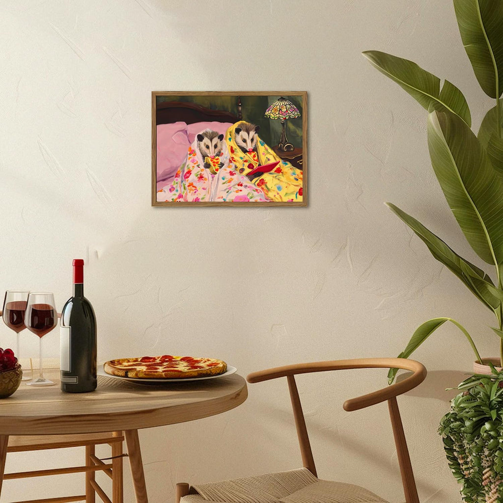Funny Opossum Wall Art, Whimsical Animal Wall Decor Painting Cute Possum Eating Pizza in Bed Poster Canvas Prints
