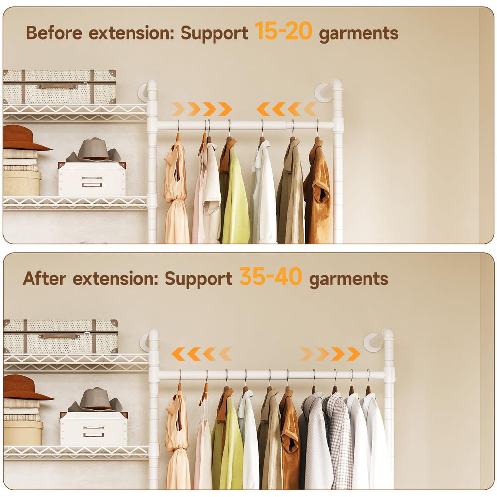 L2 Wall Mounted Closet System, Industrial Pipe Clothing Rack, White