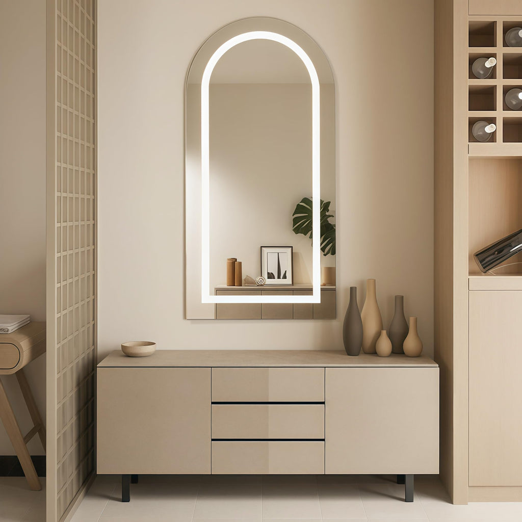 Arched Medicine Cabinet with LED Light, Recessed Black Bathroom Mirror Cabinet with Integrated Storage, Wall-Mounted