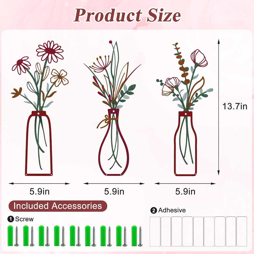 Metal Wall Art Flowers , Rustic Farmhouse Flower Sculptures, 13.7" Wall Art Decor, Drill-Free Install Option - Set of 3