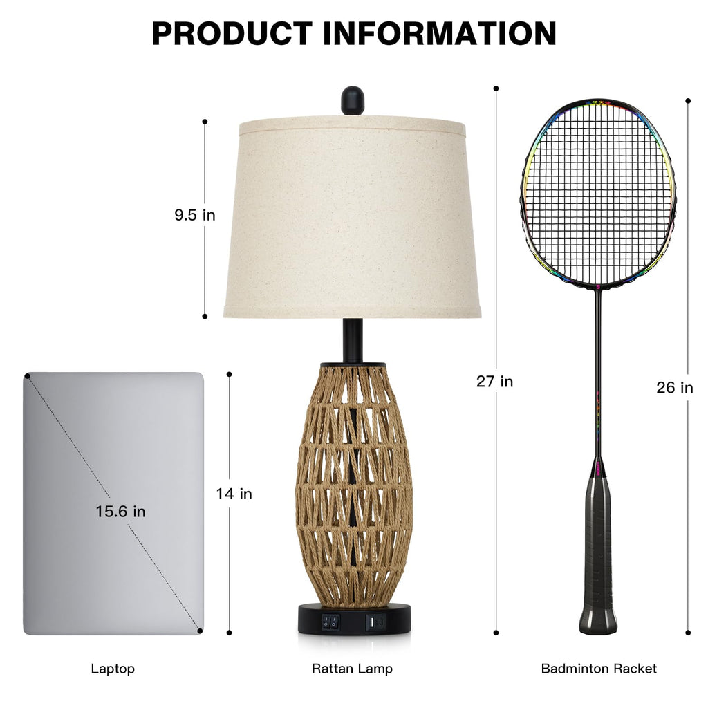 27" Boho Rattan Table Lamp with Night Light, Wicker Bedside Lamp with USB A+C Charging Port, Woven Coastal Bedroom