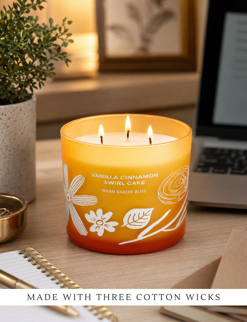 Vanilla Cinnamon Swirl Cake Scented Candle, Large 3 Wick Soy Candle 14.5 Oz