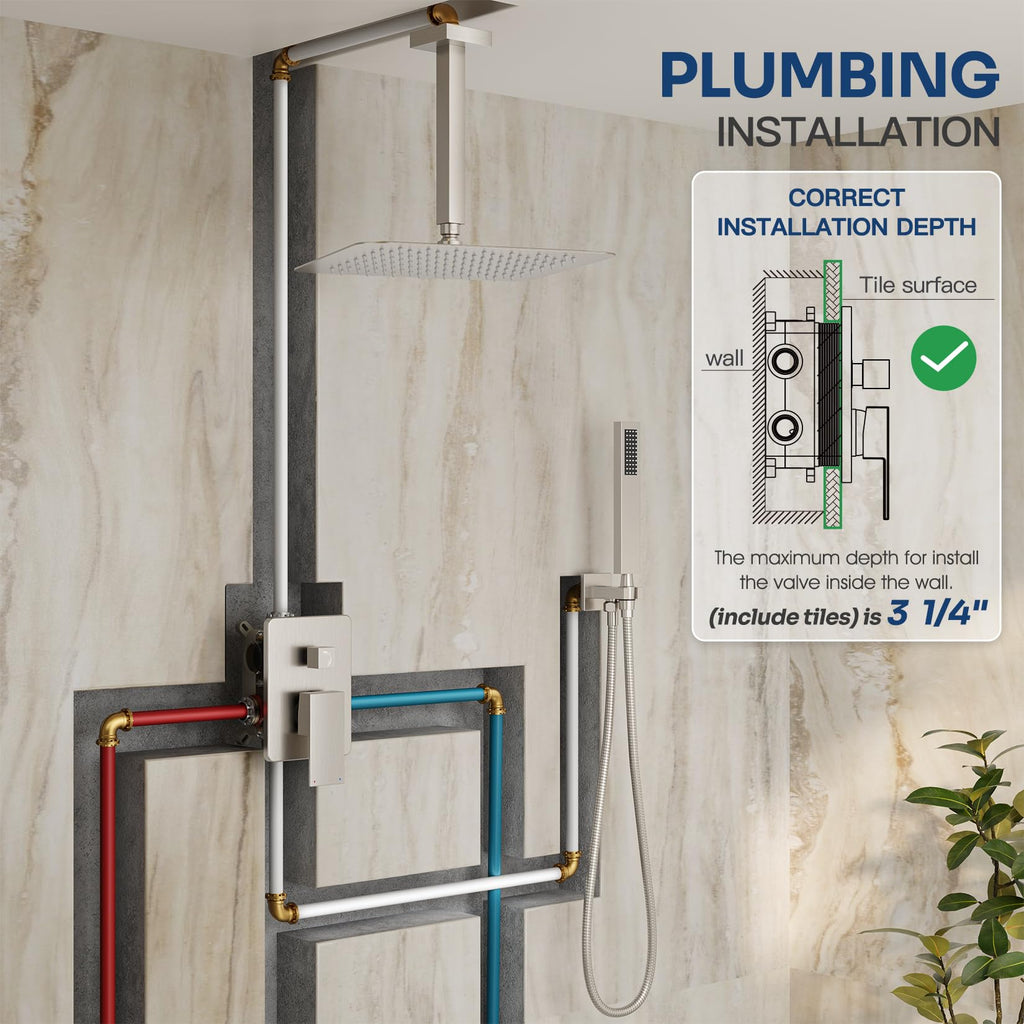 Ceiling Mount Shower System with 12" Rain Head, Handheld & Valve