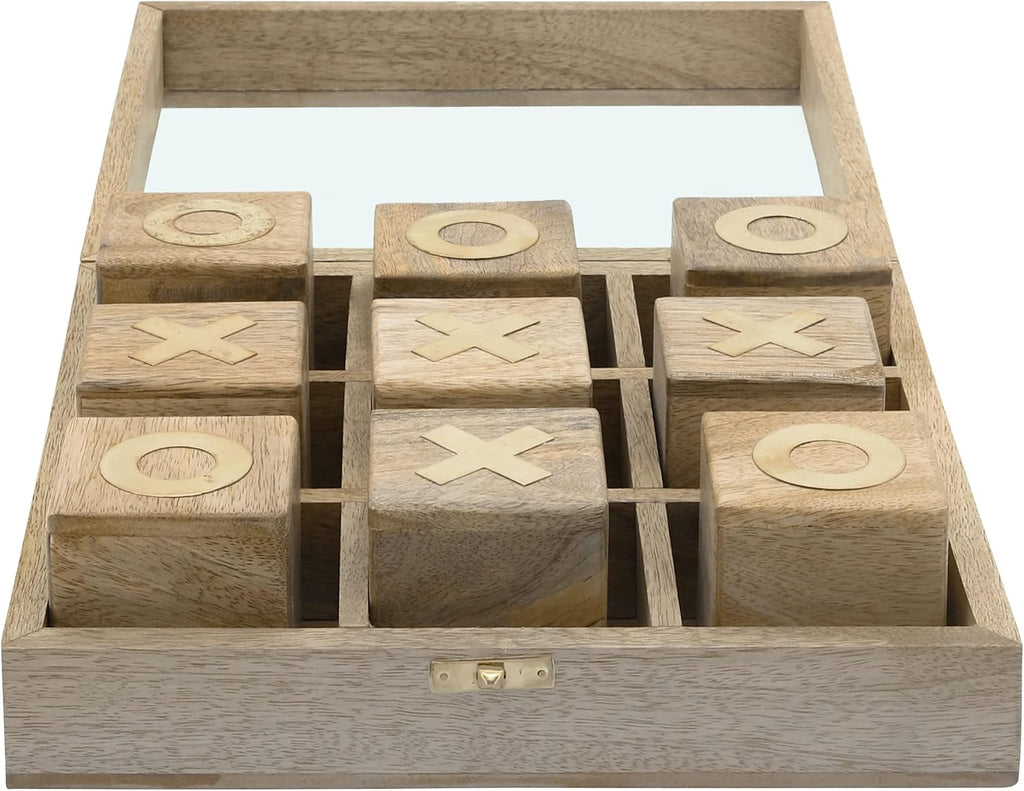 Tic Tac Toe Game Set - Handmade Wooden Board Game with Brass Inlay - Mango Wood & Glass - Casual Home Decor - Classic