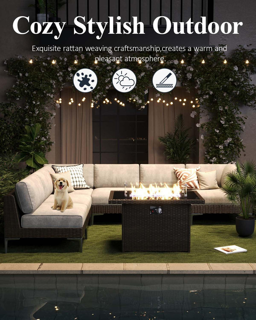 6-Piece Outdoor Modular Wicker Sectional Sofa with Fire Pit Table