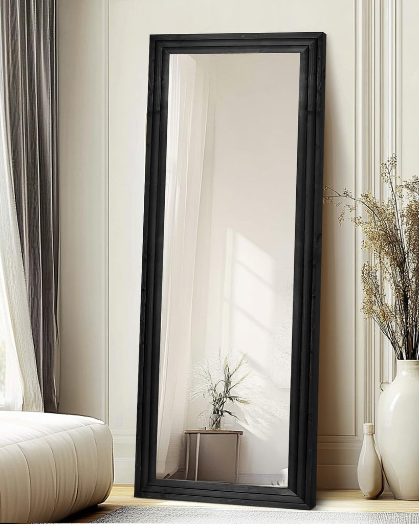 65x22in Full Length Mirror, 3-Tier Stepped Solid Wood Frame, Black