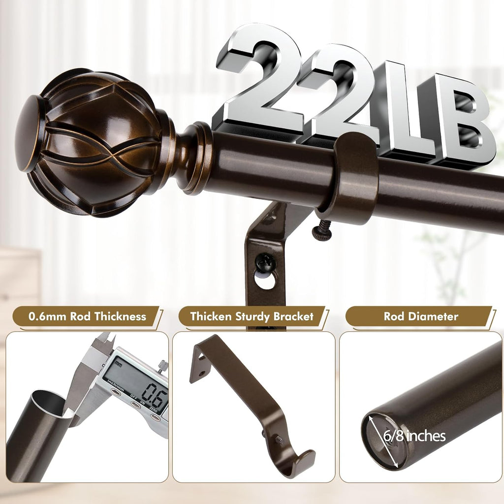 Curtain Rods for Windows 2 Pack 32-58 Inches, Bronze | 6/8" Diameter, 22lbs Weight Capacity, Decorative Adjustable