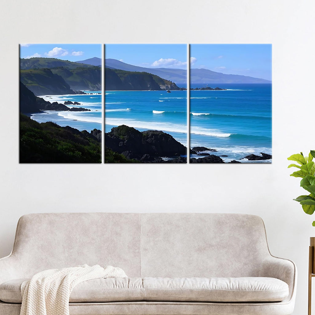 Rocky Coast Triptych Canvas Wall Art, Turquoise Seascape Decor