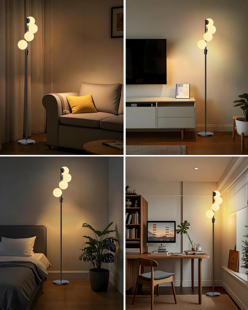 Black Globe Floor Lamp Dimmable 64IN Tall Standing Lamps with Soft Warm White Eye Care 3000K G9 Bulbs, Mid Century