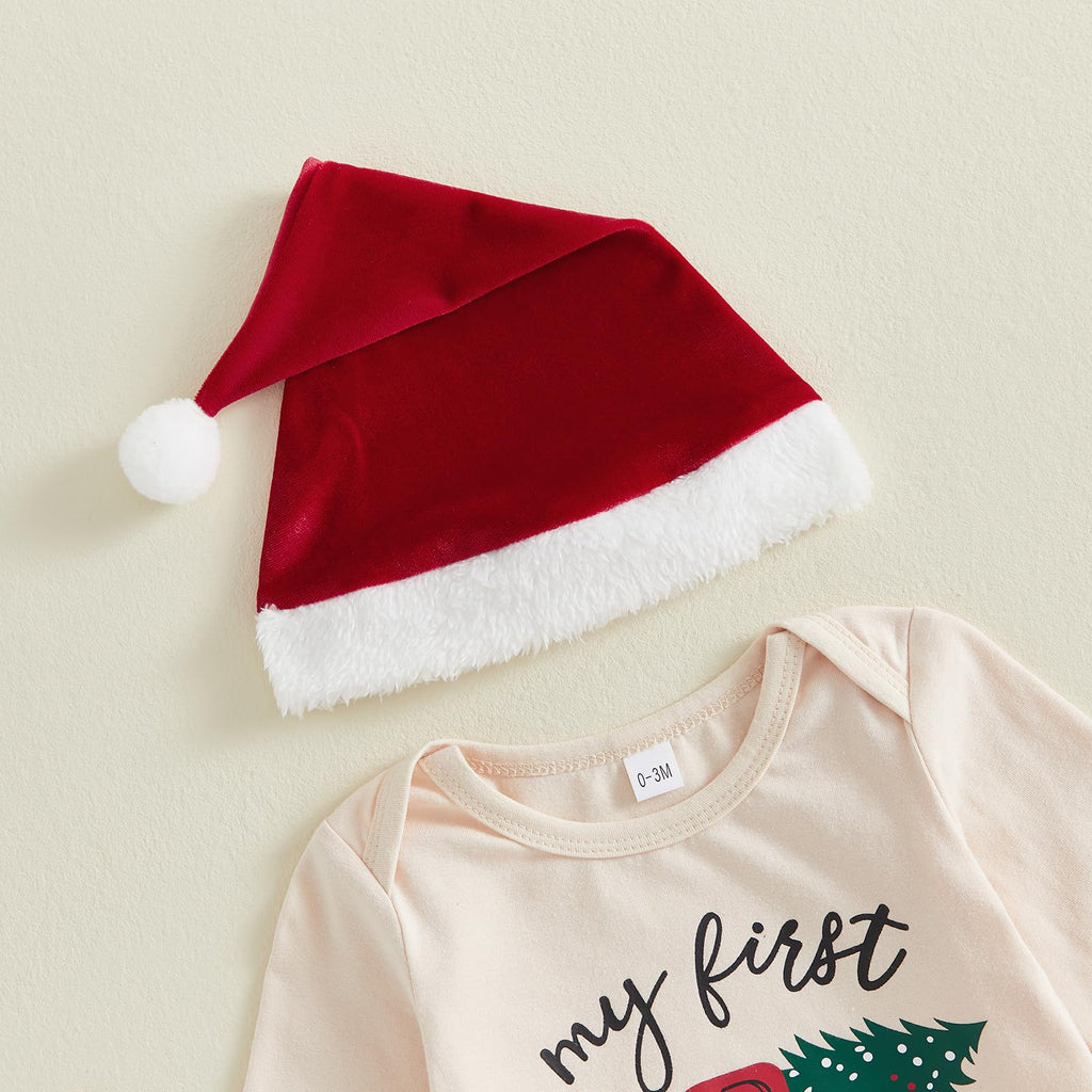My First Christmas Baby Boy Outfit Romper Pants Hat (Red, )