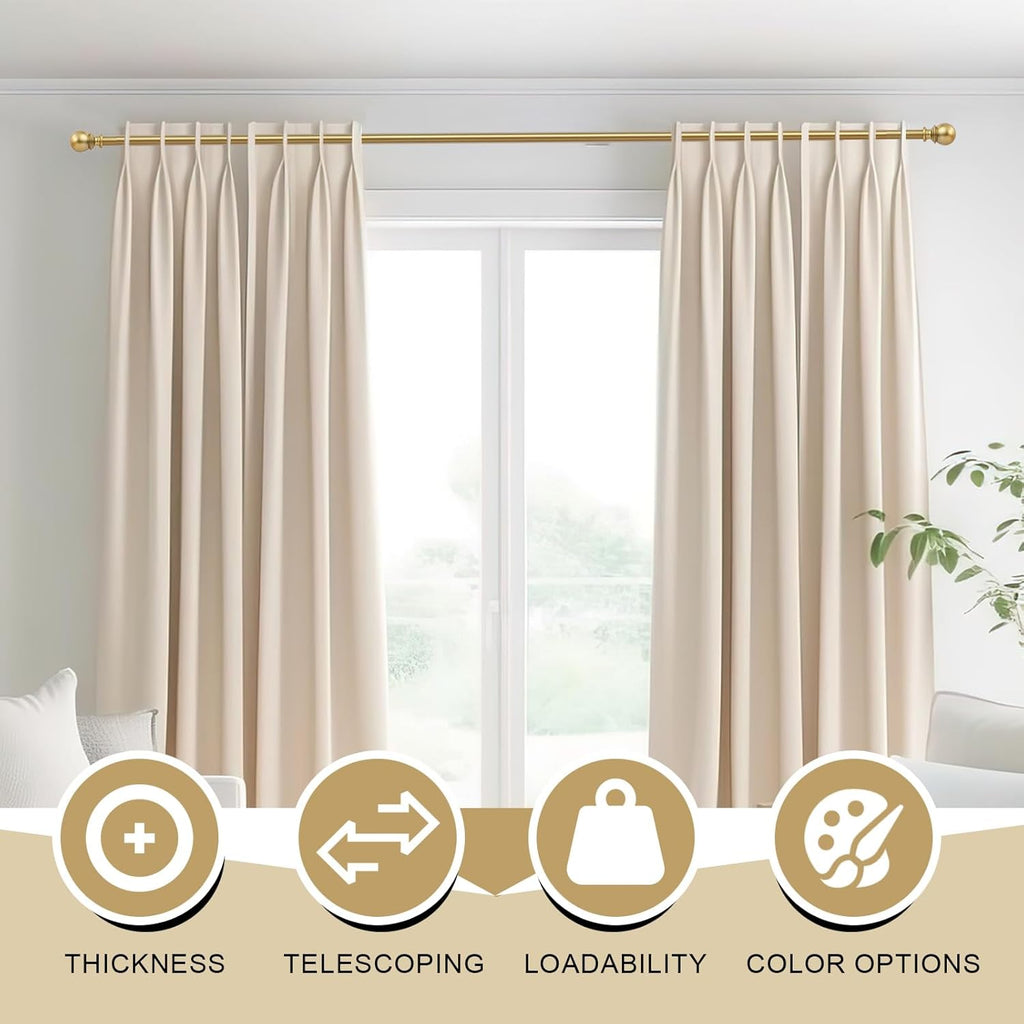 Curtain Rods - 1" Diameter, 32-72" Standard Decorative Window Curtain Rod Set with Brackets - Gold