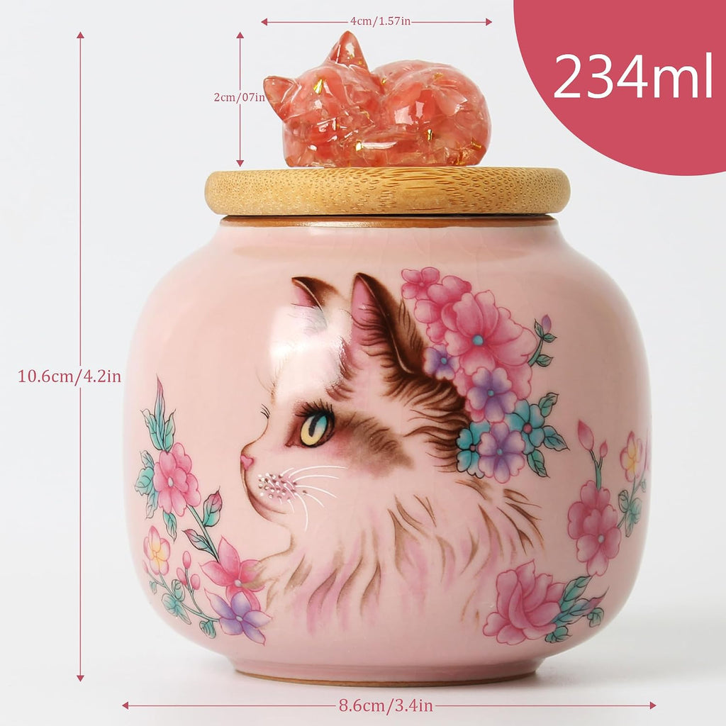 Ceramic Cat Urn for Ashes, Small Pet Urn with Crystal Cat Sculpture on Top, Pet Cremation Keepsake with Pink Cat