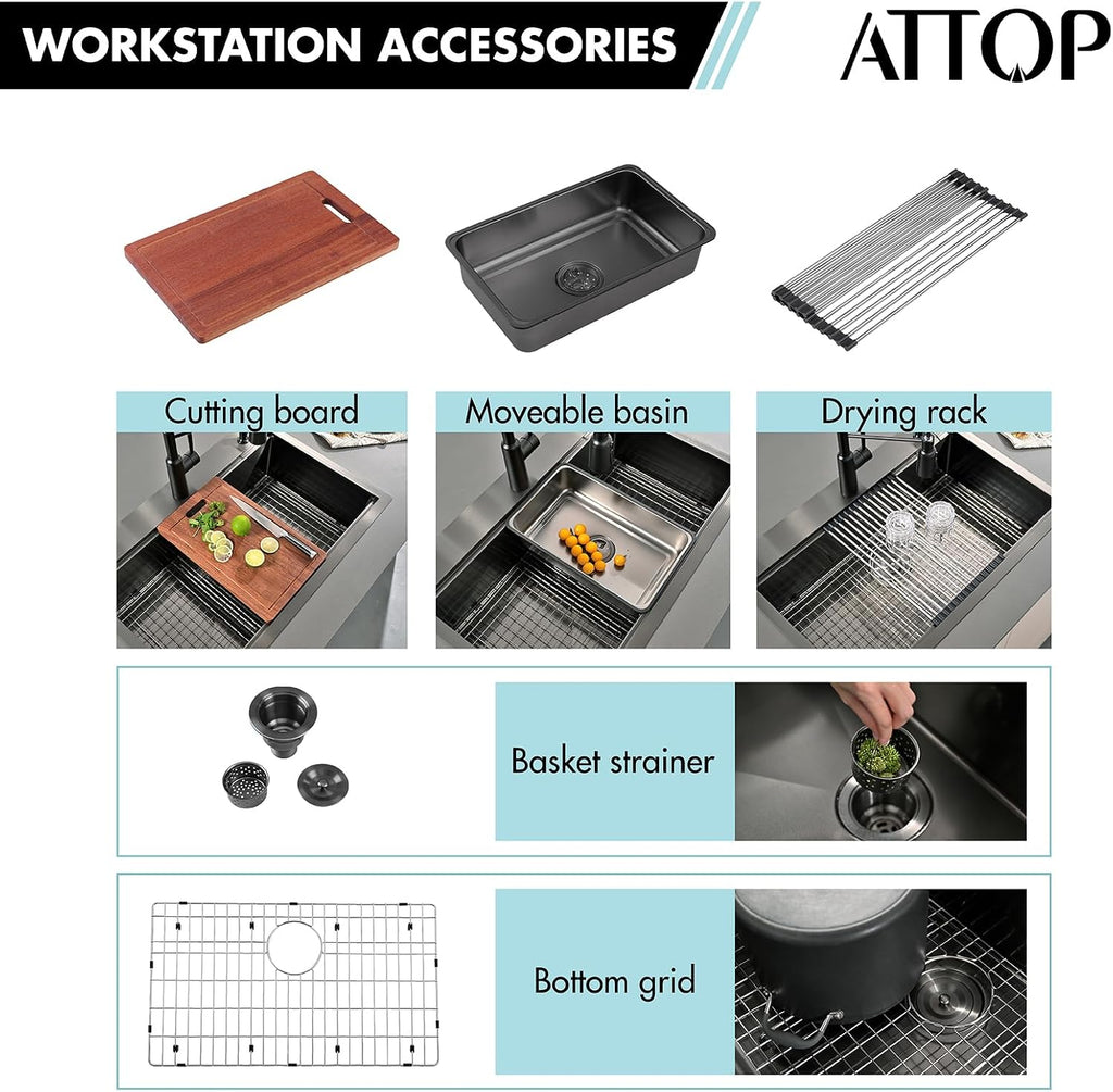 32 Inch Black Workstation Undermount Large Single Bowl Kitchen Sink | 32x19 Inch, Nano Black Stainless steel
