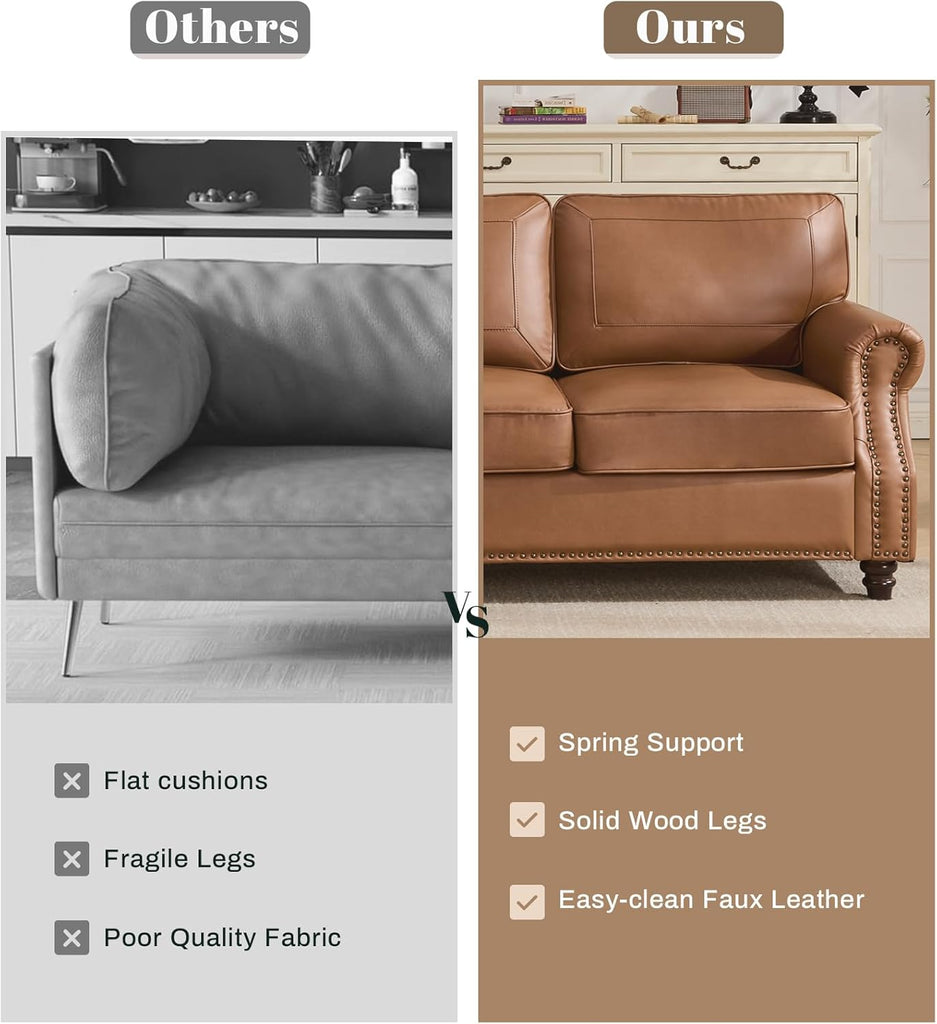 Kingfun Mid-Century Modern Couch, Faux Leather Sofa, 3 Seater Couch for Living Room with Rolled arms & Nailhead Trim