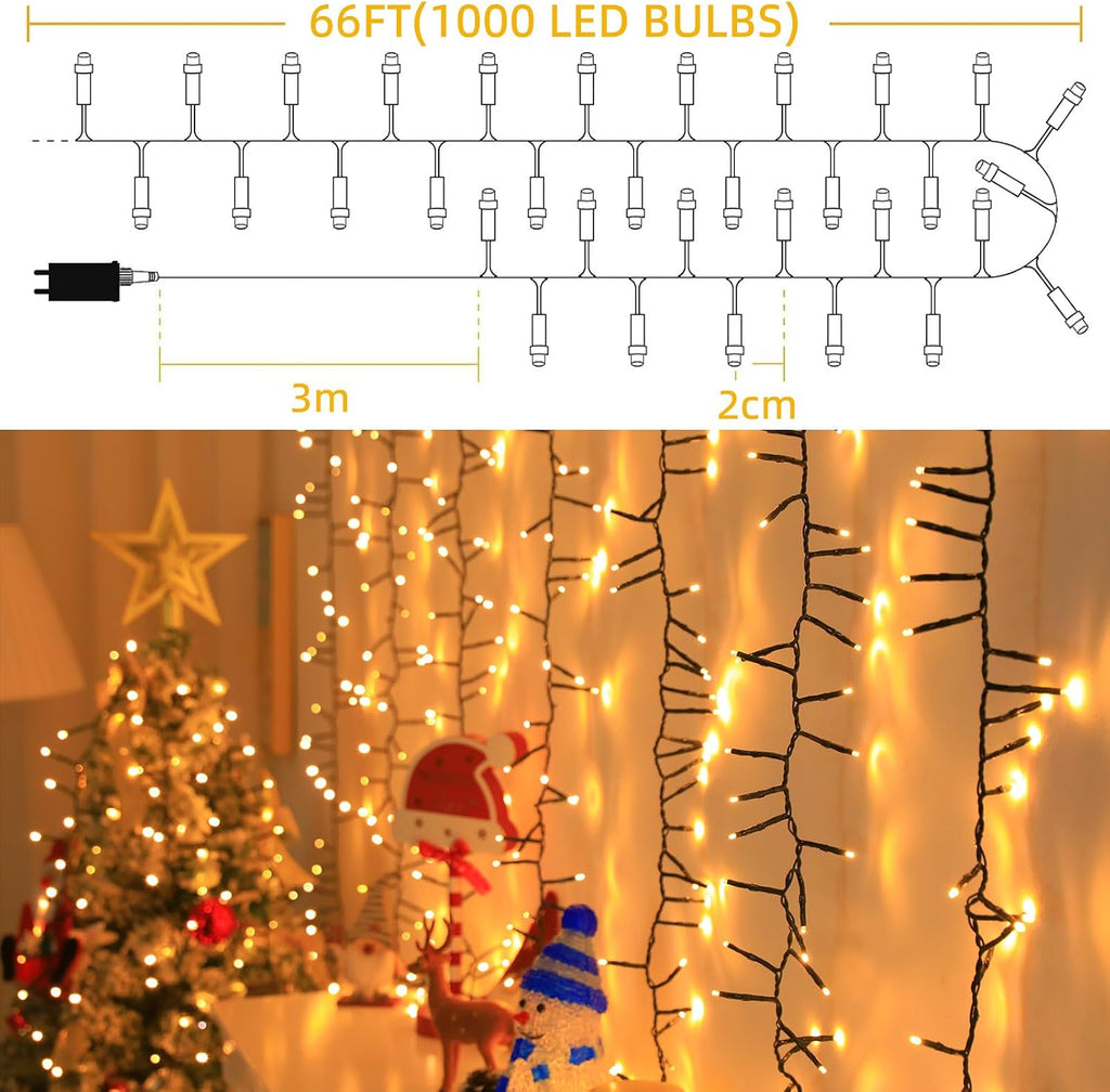 1000 LEDs Christmas Cluster Lights with Remote - 66ft Firecracker Chrismtas String Lights, 8 Modes Timer Waterproof