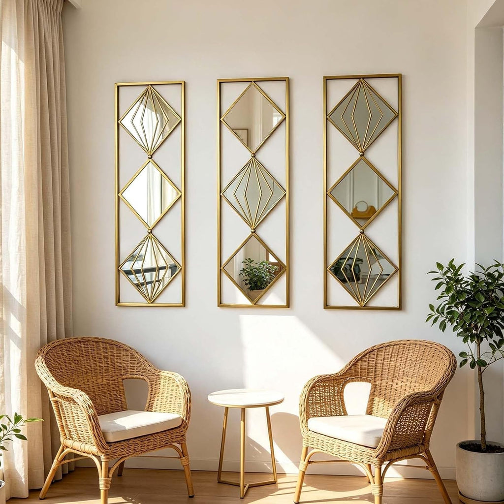 Set of 3 Gold Wall Mirrors, Large Geometric Decorative Mirrors with Metal Frames, Diamond Pattern Wall Mirror Decor