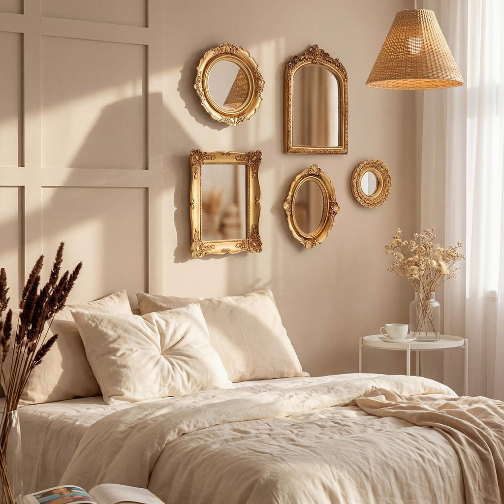 5 Pcs Vintage Gold Wall Mirror Set, 10in/8in/7in/4in, Stylish Style