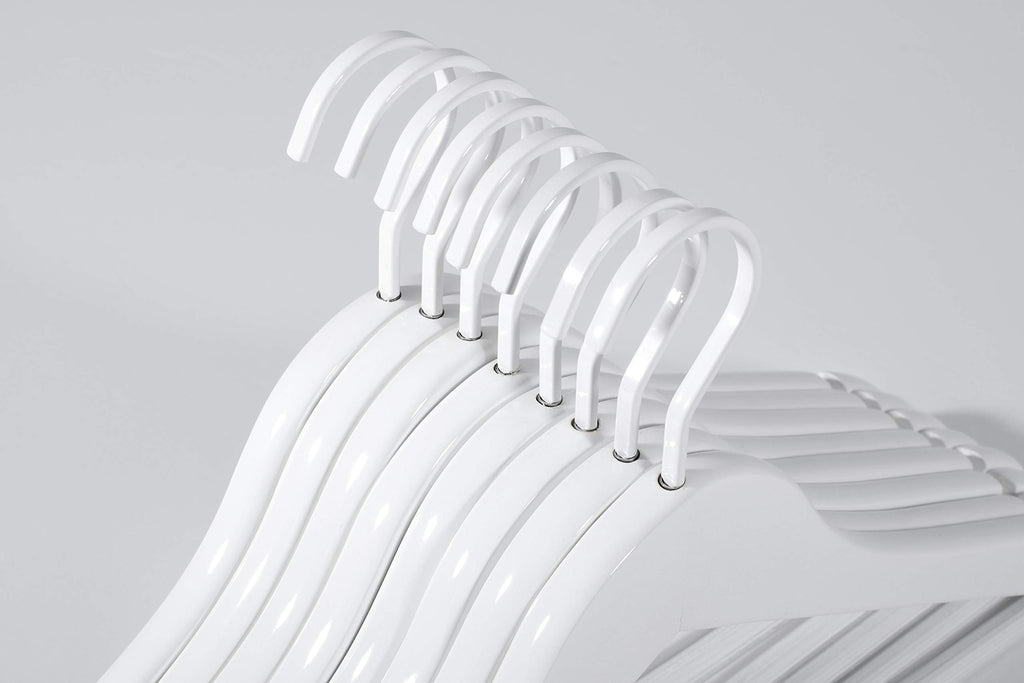 All White Wooden Hangers, Solid Wood Suit Hangers with Extra Thick Hook and Non Slip Pants Bar, Heavy Duty Coat