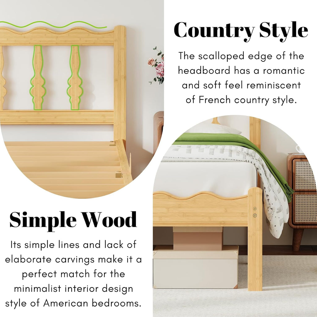 Bamboo Queen Bed Frame with Headboard, 14 inch Solid Wood Platform Bed Frames Queen with Metal Slats, No Box Spring