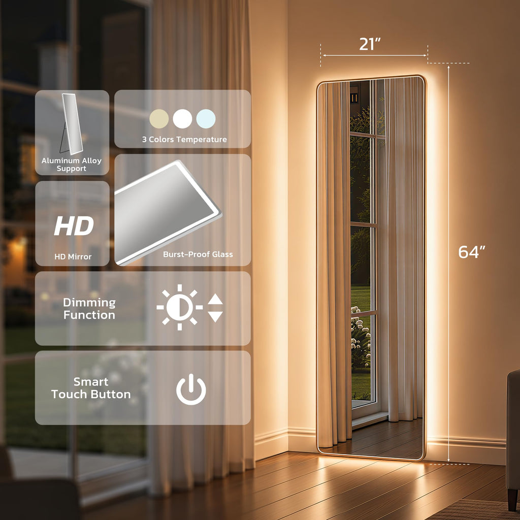 64"x21" Full Length Mirror with LED Lights, Hanging Mounted Mirrors, Aluminum Frame Mirrors with Dimming & 3 Color