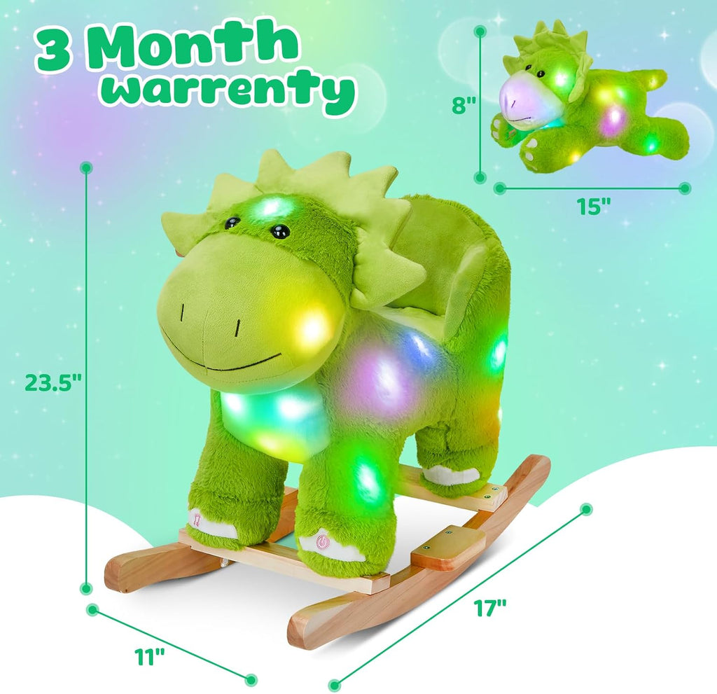 Light up Music Dinosaur Rocking Horse Stuffed Animal Set of 2 with Glowing Singing Dinosaur Plush Toy Wooden Chair