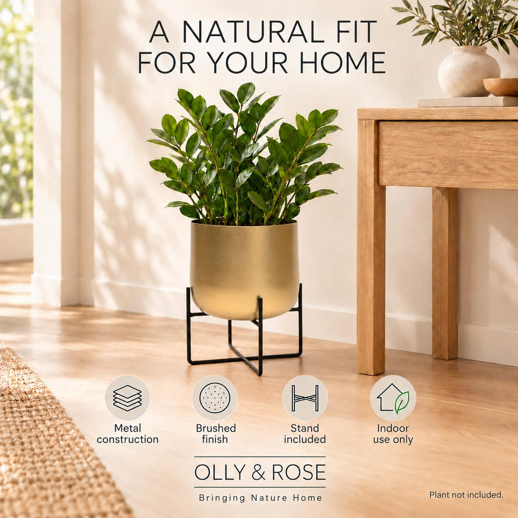 8.5 Inch Gold Metal Plant Stand with Pot - Indoor Planter, Large Flower Pot