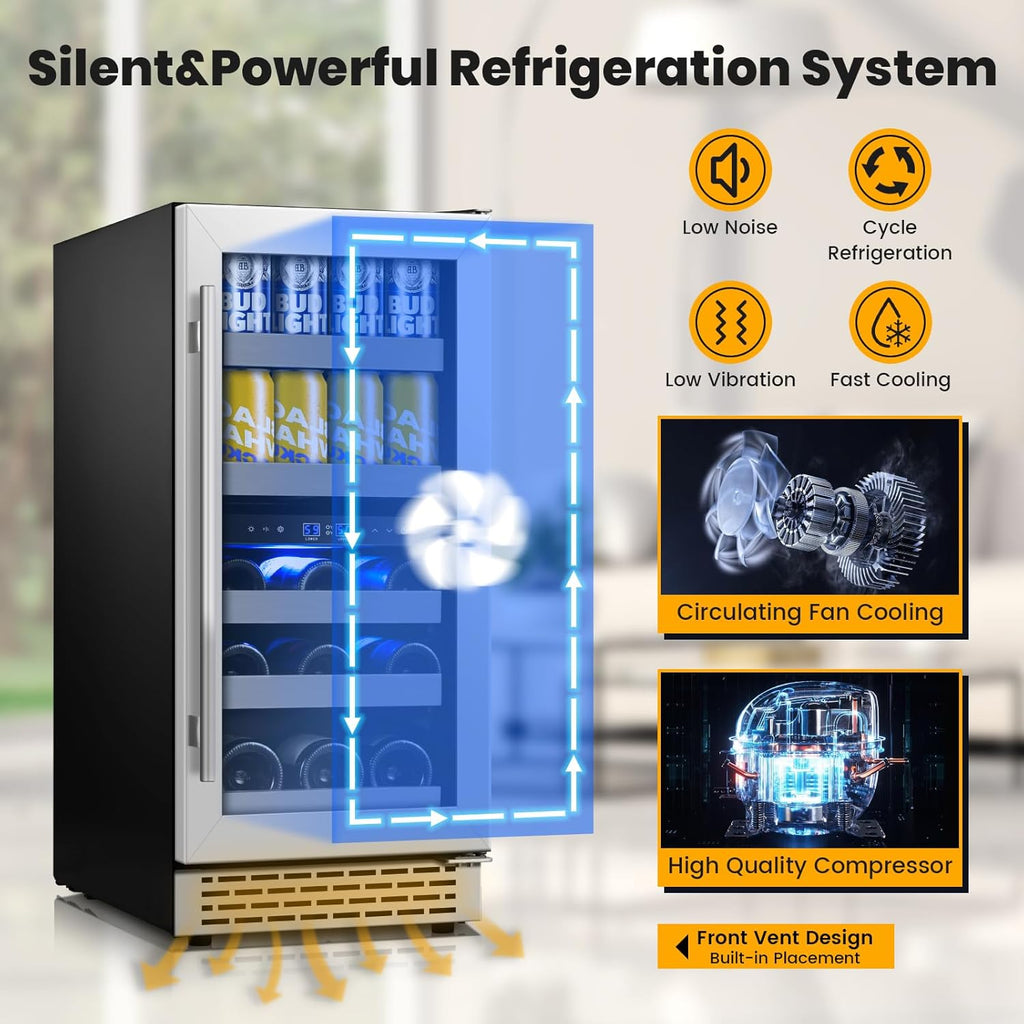 15 Inch Wine and Beverage Refrigerator,13 Bottle & 48 Cans Dual Zone Beverage Fr