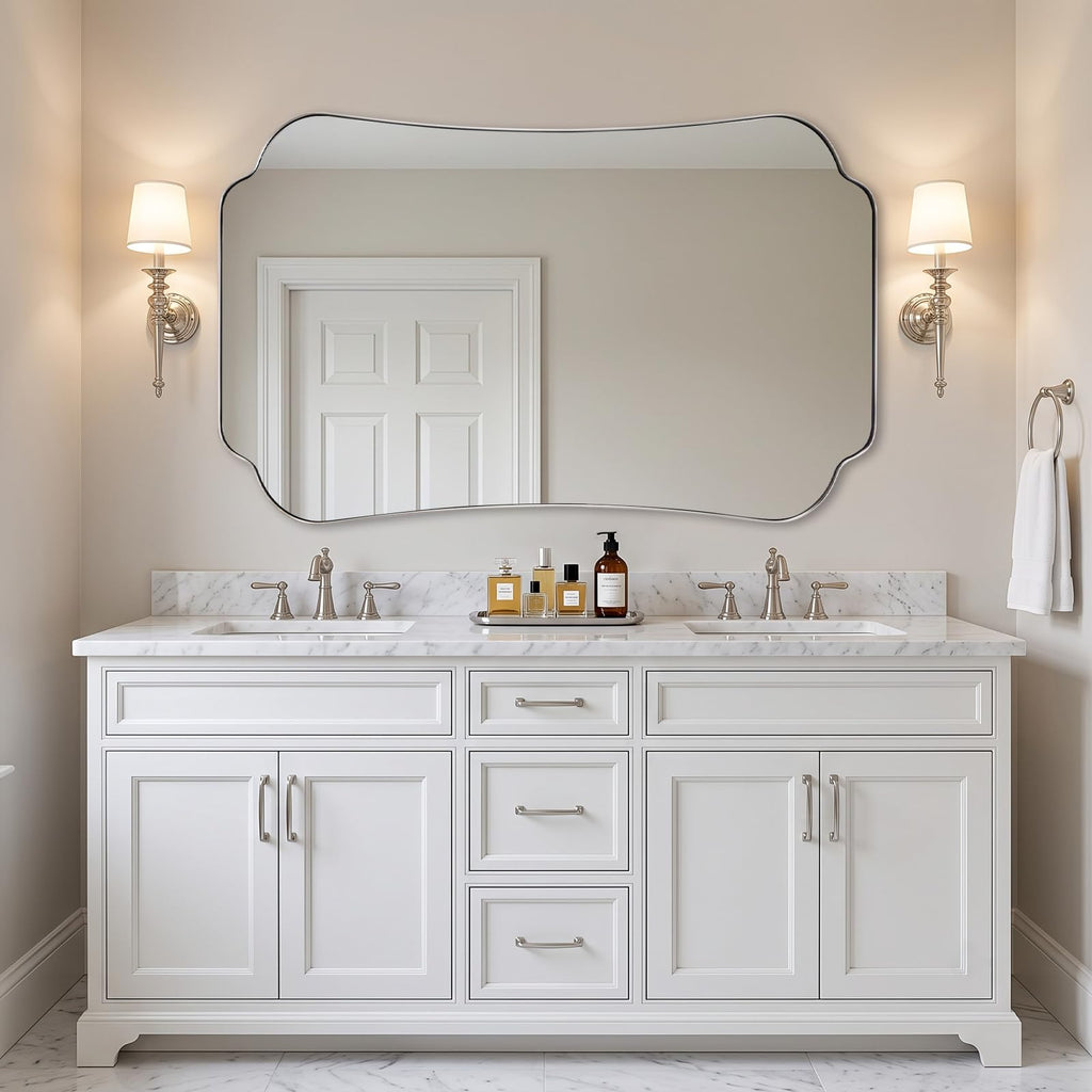 30x48 Brushed Nickel Mirror, Large Silver Scalloped Bathroom Wall Mirror with Metal Frame for Vanity, Vintage