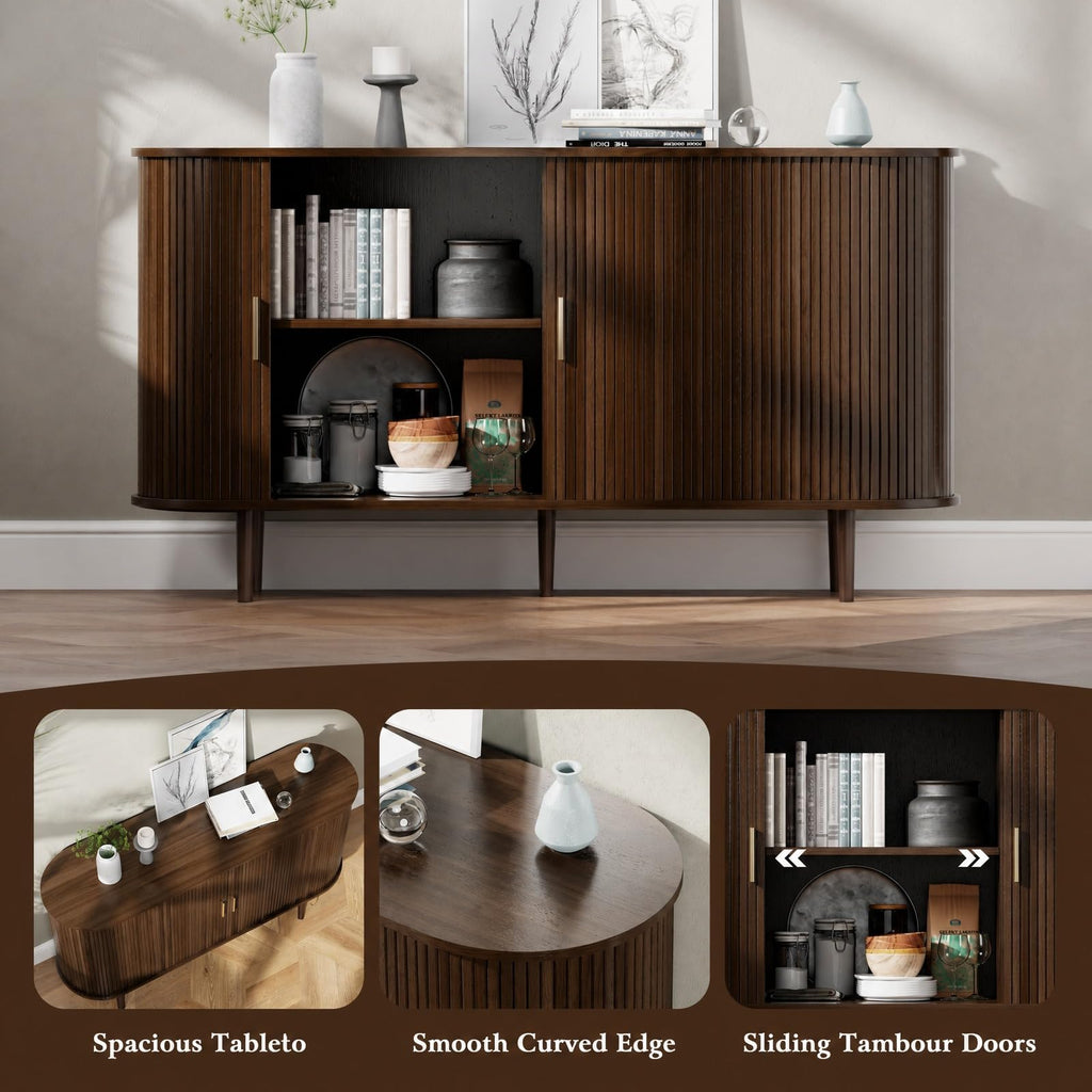Sideboard Buffet Cabinet with Storage, Mid Century Modern Fluted Accent Coffee Bar Console Table, Tambour Sliding