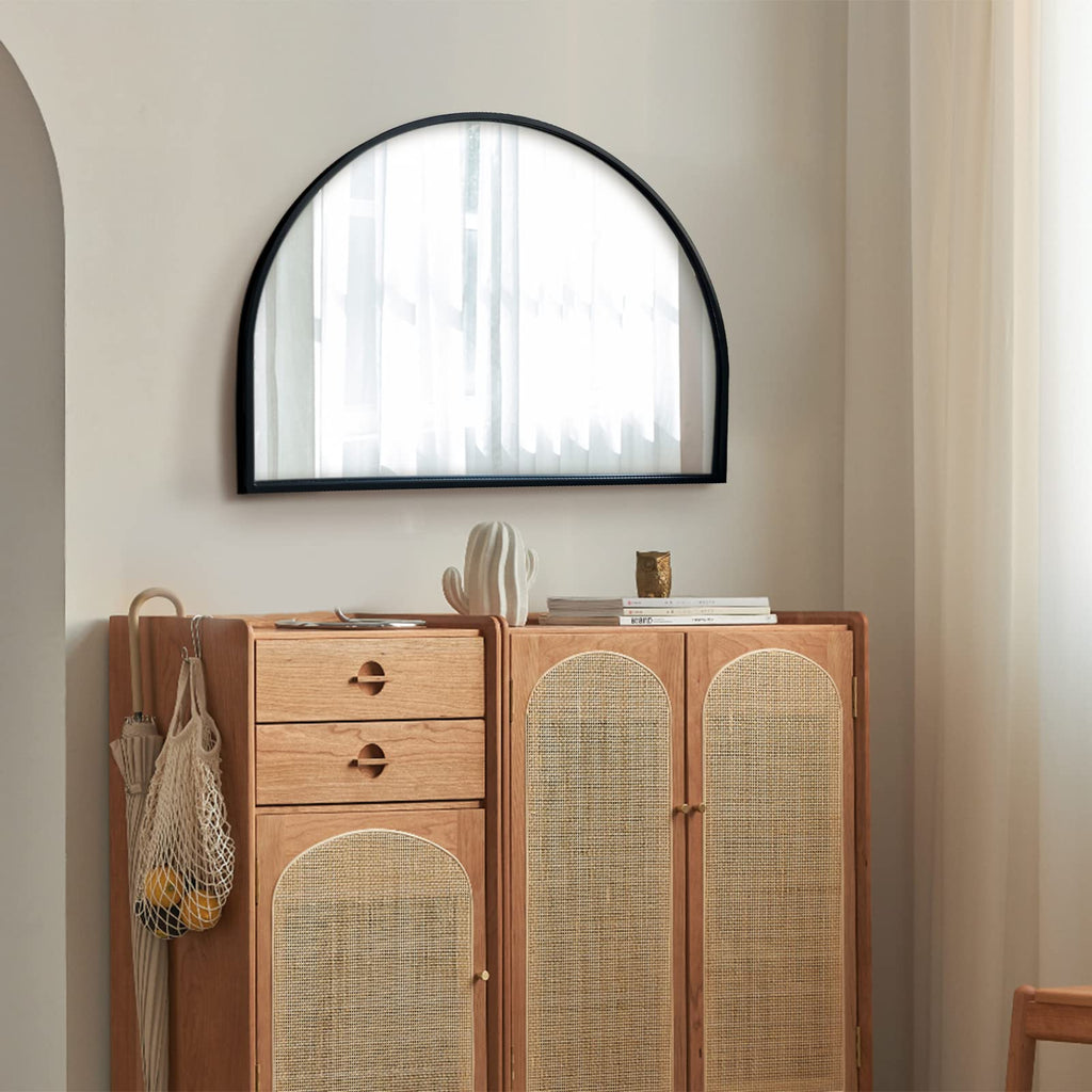 Minimalist Black Arched Mirror, Large Farmhouse Bathroom Fireplace Mantel Horizontal Wide Arch Mirrors /Living Room