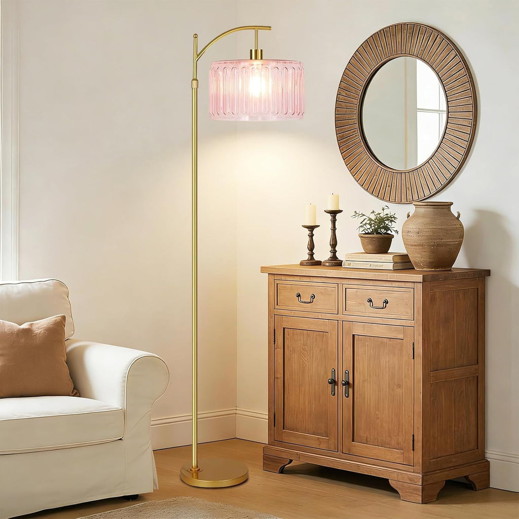 Pink Floor Lamp,Gold Dimmable Standing Lamp with Remote,Mid Century Modern Brass Tall Lamp Boho Floor Lamps Arc