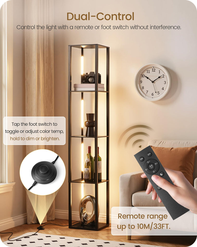 64.2" Display Shelf with Light, Modern Corner Floor Lamp with Shelves, LED Dimmable Standing Lamp with