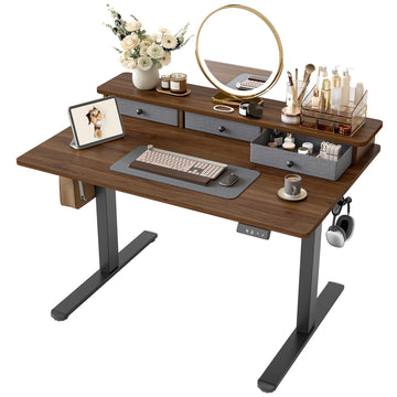 Small Standing Desk with 3 Drawers, 40" Computer Desk Vanity, Walnut