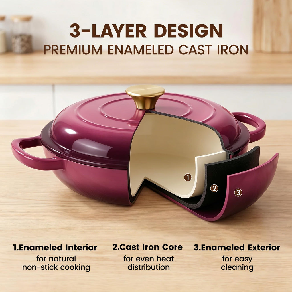 Vintage Style 3 Quart Enameled Cast Iron Braiser, Non Stick Enameled Cast Iron Skillet with Lid, Dutch Oven Skillet