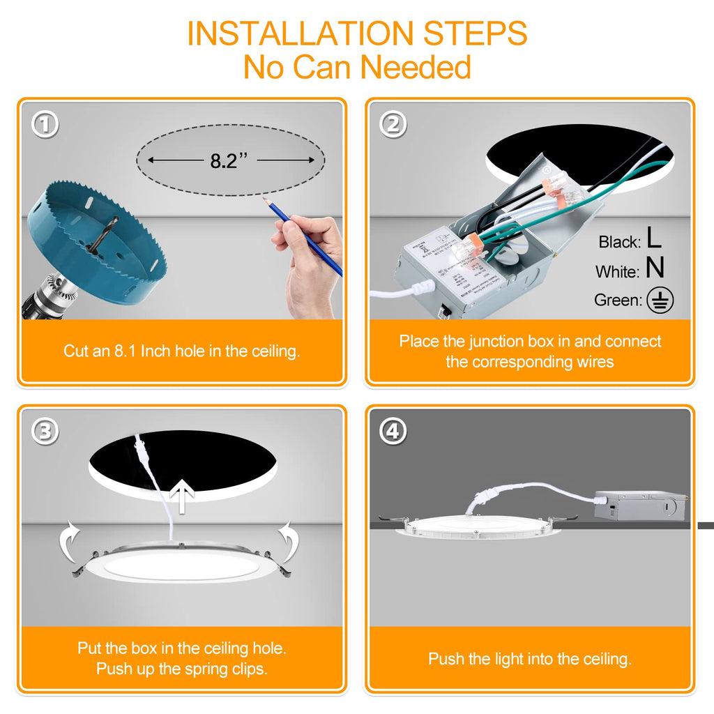 8 Inch LED Recessed Lighting with Junction Box Ultra-Thin, 3000K/4500K/6000K Selectable, 8" Dimmable Canless LED