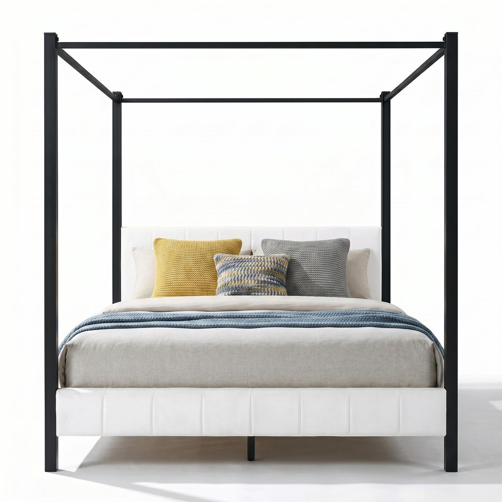 Queen Size Upholstered Canopy Bed Frame, Modern Luxury Channel-Tufted Headboard and Footboard, Platform Bed with 4