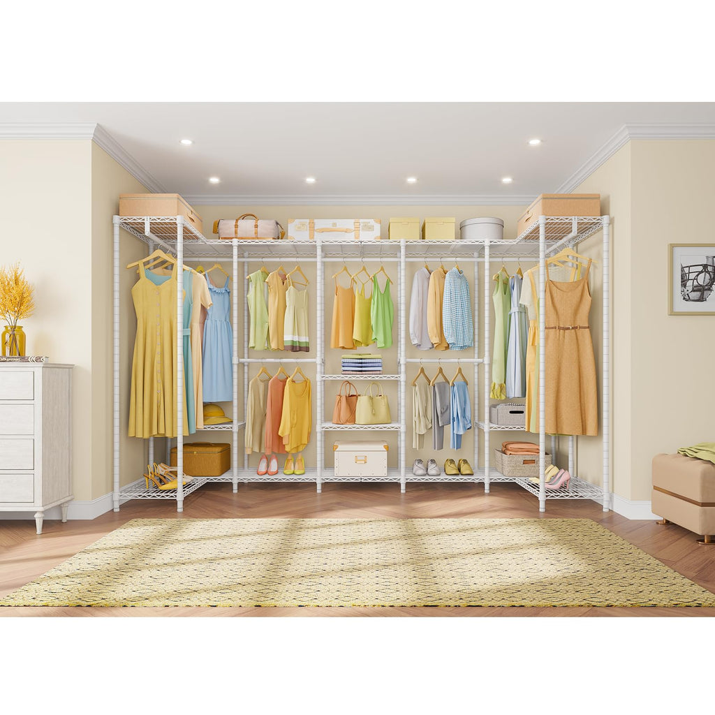 V70 White Metal Garment Rack, Adjustable Open Wardrobe Load 1670lbs