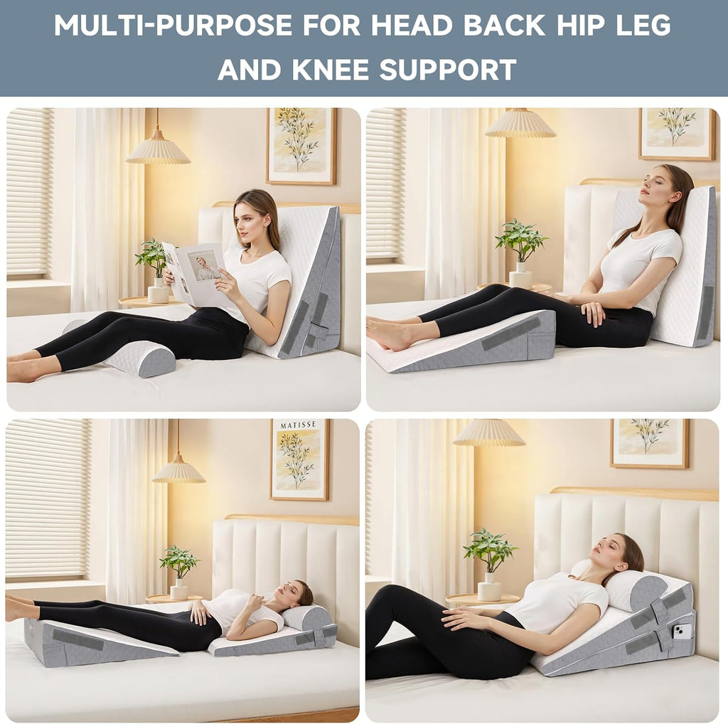 Bed Wedge Pillow for Sleeping, 3 Pcs Adjustable Height 4.5&7.5&12 Inch Triangle Pillow Wedge for Post Surgery, Acid