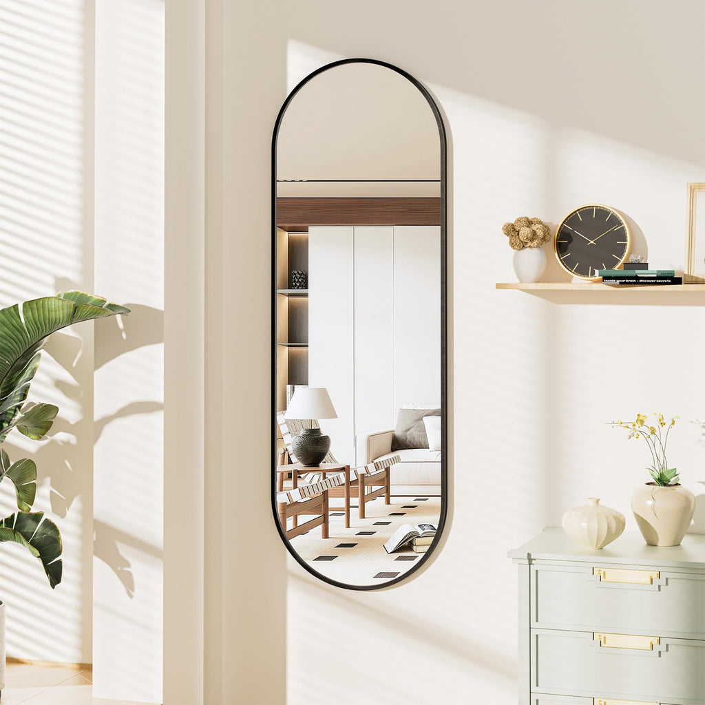 47 x 16 in Arched Over-The-Door Full-Length Mirror, Tempered Glass, Aluminum Frame - Black