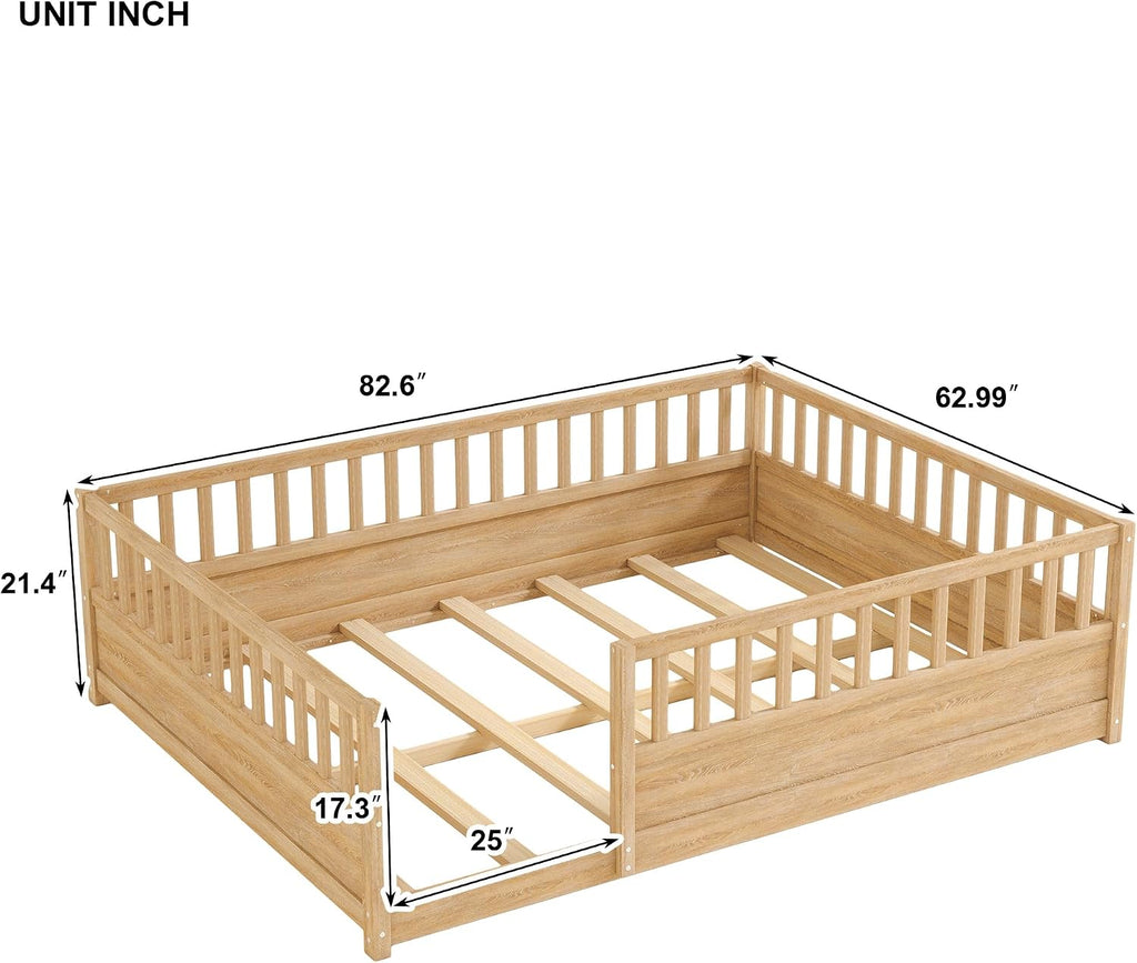 Floor Bed Frame with 21.4" High Fence, Solid Wood Montessori Floor Bed for Kids, Low to Ground