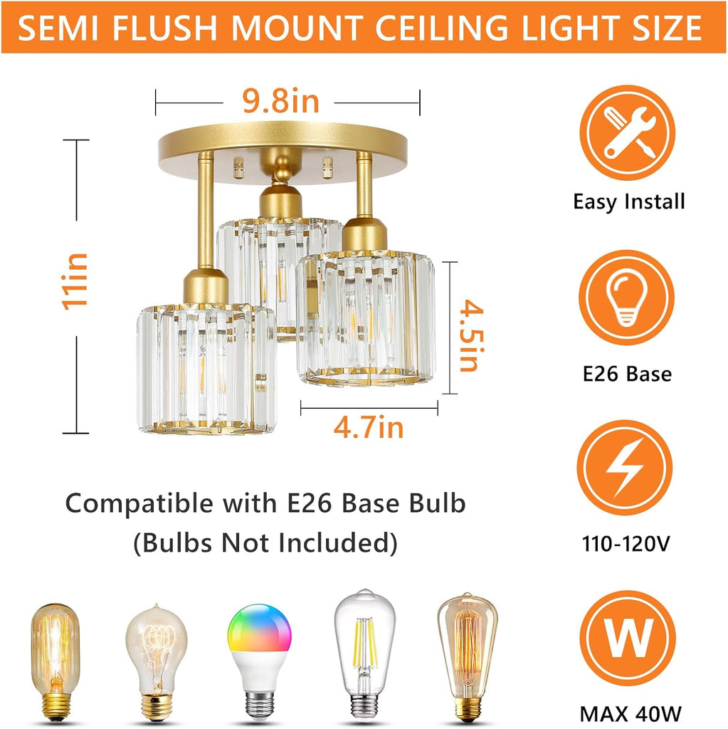 Modern Semi Flush Mount Ceiling Light,3-Light Golden Crystal Close to Ceiling Light Fixtures,Kitchen Light Fixtures