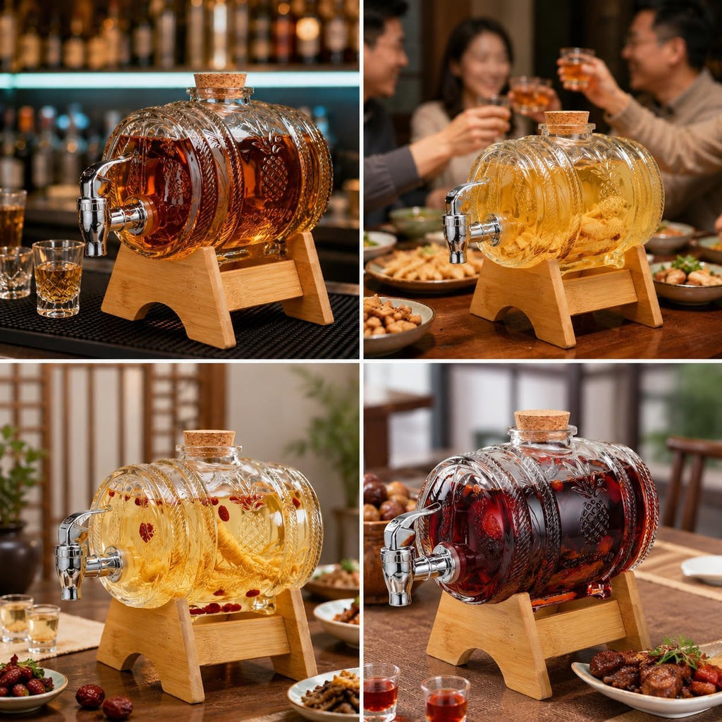 Vintage Wine Barrel Beverage Dispenser with Rack and Faucet Glass Wine Barrel for Serving Brandy Whisky Vodka Rum at