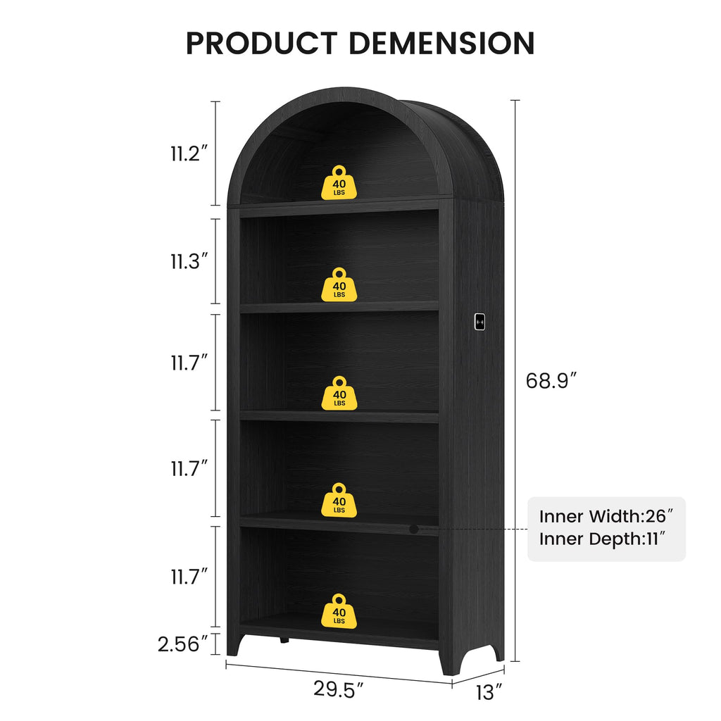 5-Tier Arched Bookcase with 3-Color Lights & Motion Sensor, Black