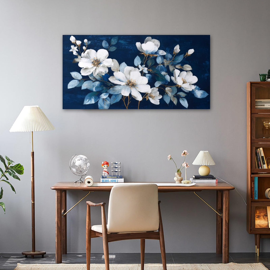 Framed Large Flower Canvas Wall Art Modern White Floral with Blue Background Print Living Room Office Home