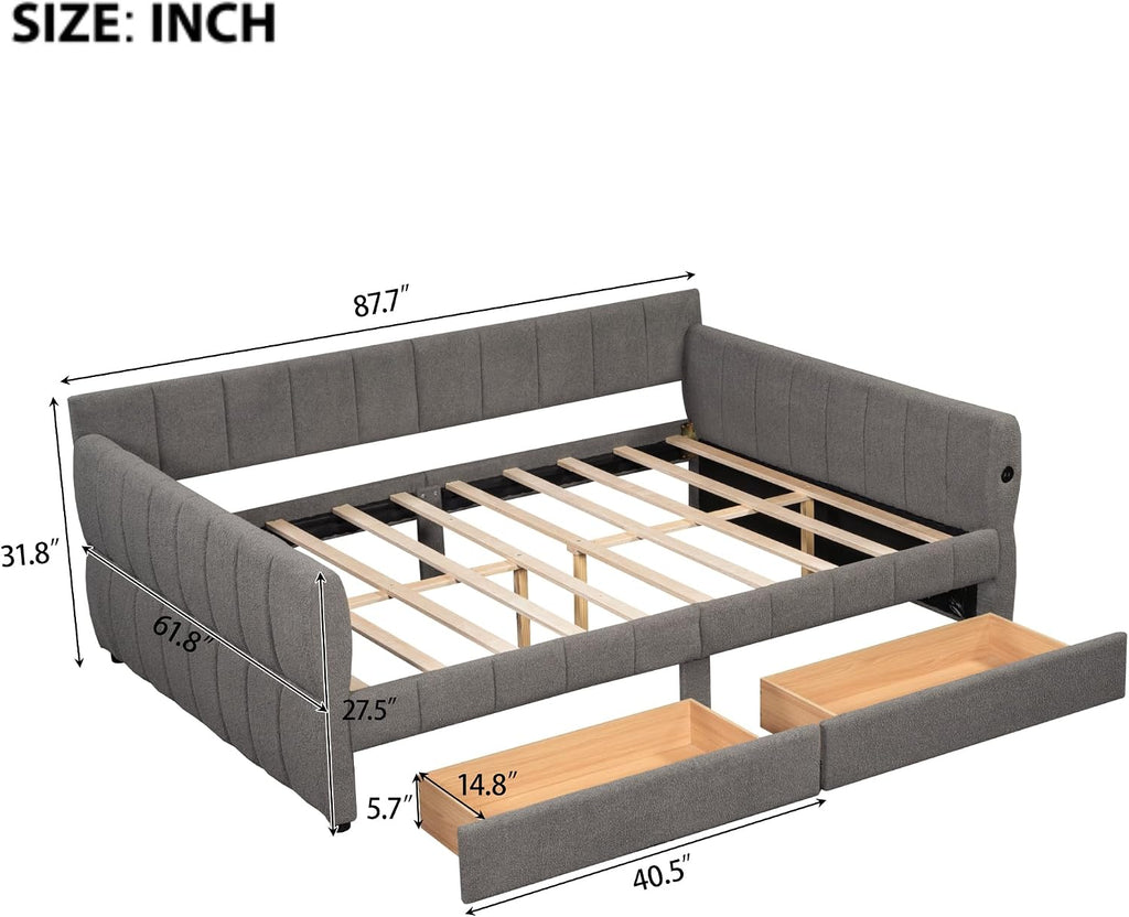 Queen daybed with USB, Queen Corner beds, Upholstered daybed with 2 Drawers for Kids,Teens,Adults, Lambswool, Gray