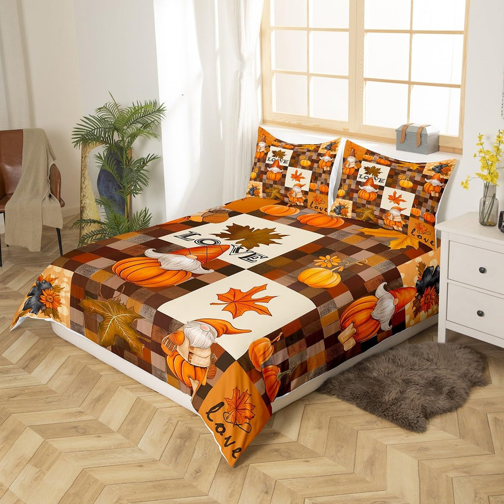 Fall Pumpkin Harvest Duvet Cover Set, Rustic Maple Autumn Leaves Quilt Cover Set(NO Comforter), Patchwork