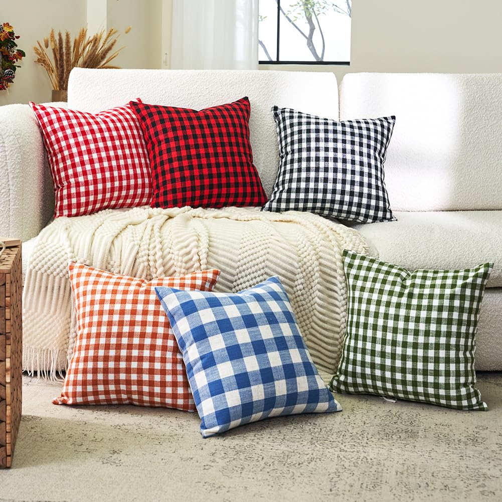 Red and White Outdoor Christmas Gingham Plaid Throw Pillow Covers 18x18